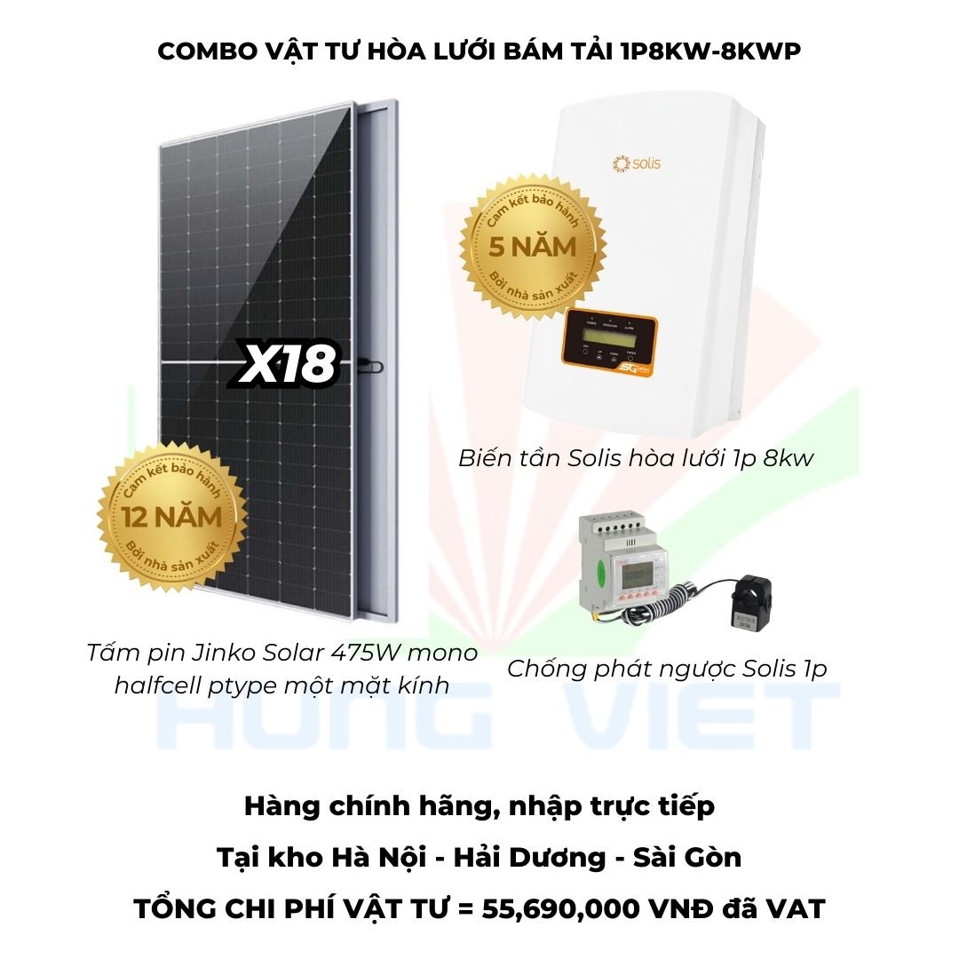 Combo vật tư hoà lưới bám tải 1 Pha 8Kw