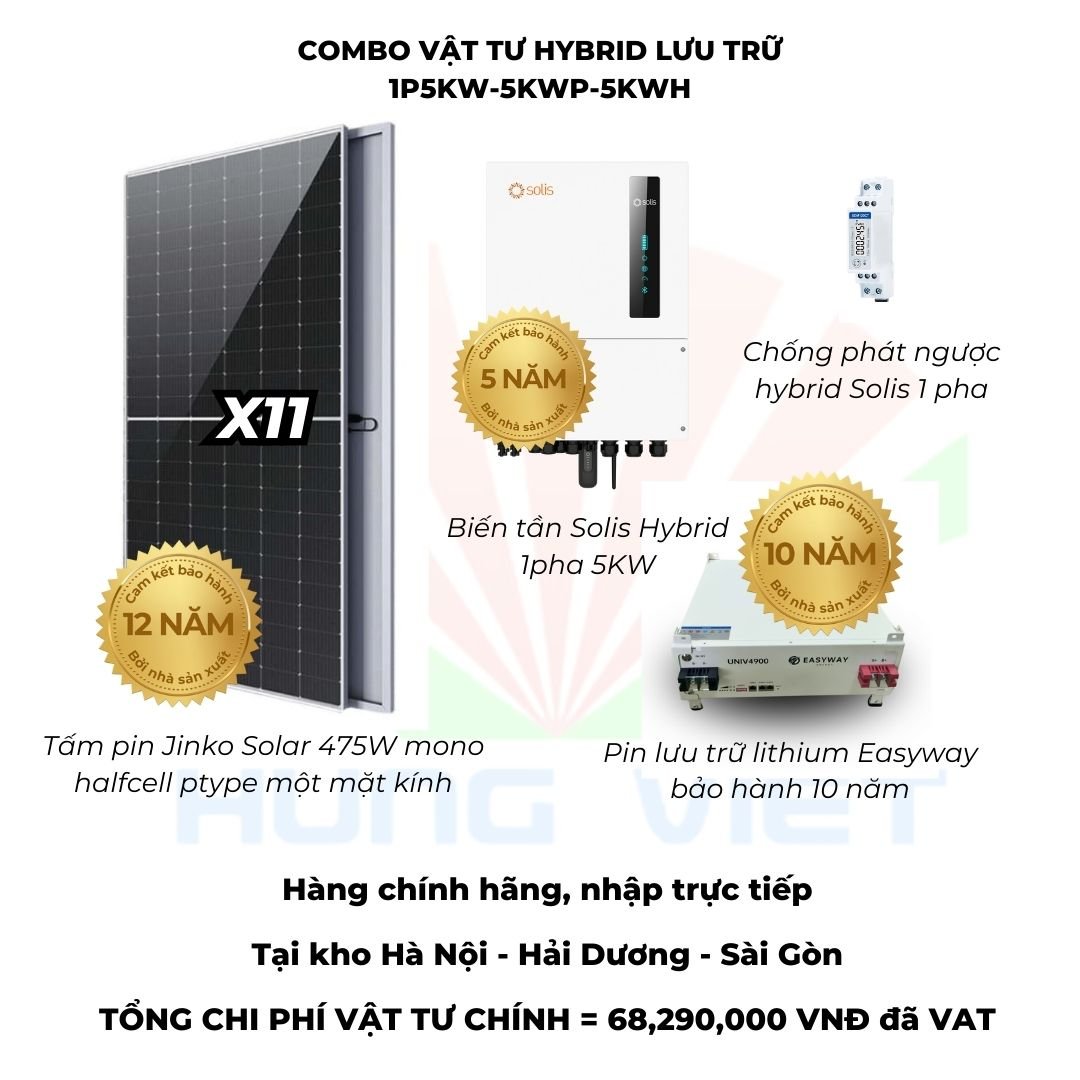 Combo vật tư Hybrid 1 pha 5Kw lưu trữ 5kwh