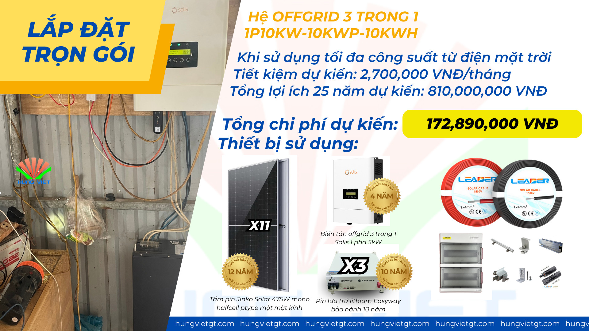 Combo lắp đặt trọn gói điện mặt trời Offgrid 1P 10Kw lưu trữ 10kwh