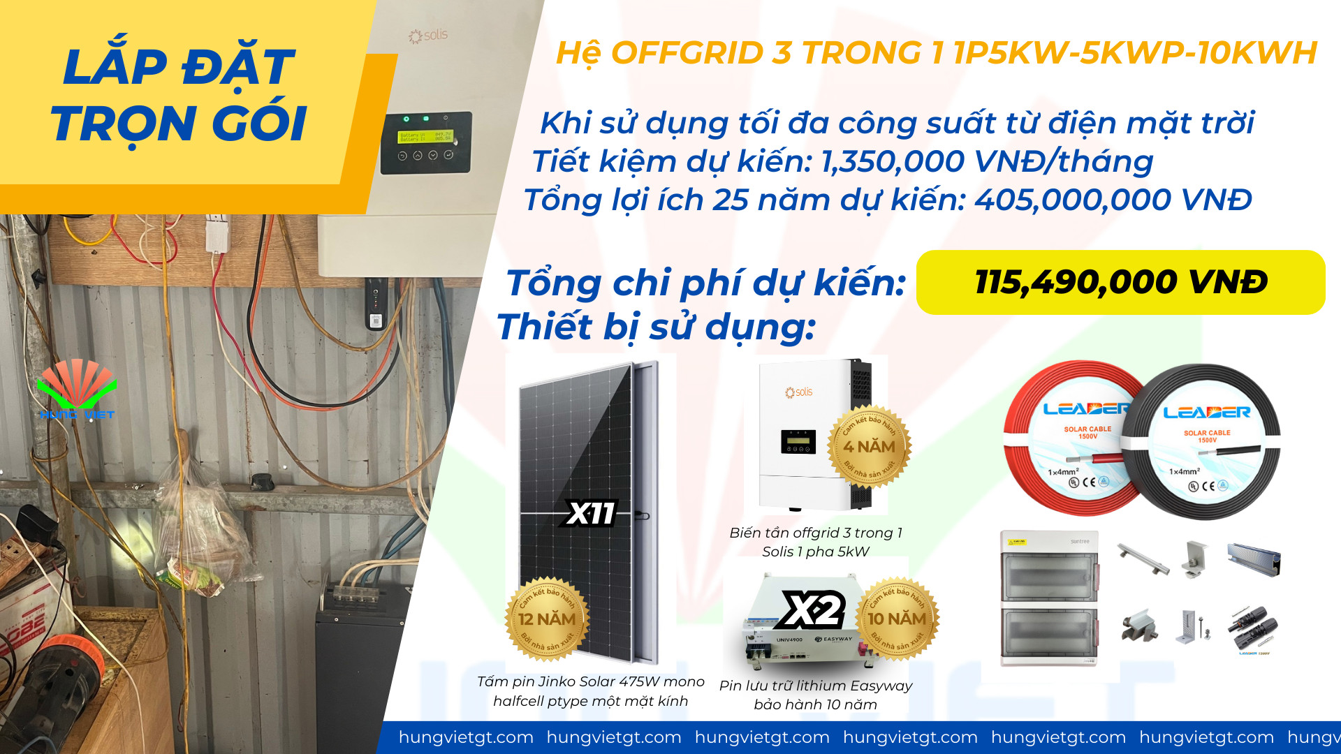 Combo lắp đặt trọn gói điện mặt trời Offgrid 1P 5Kw lưu trữ 10kwh