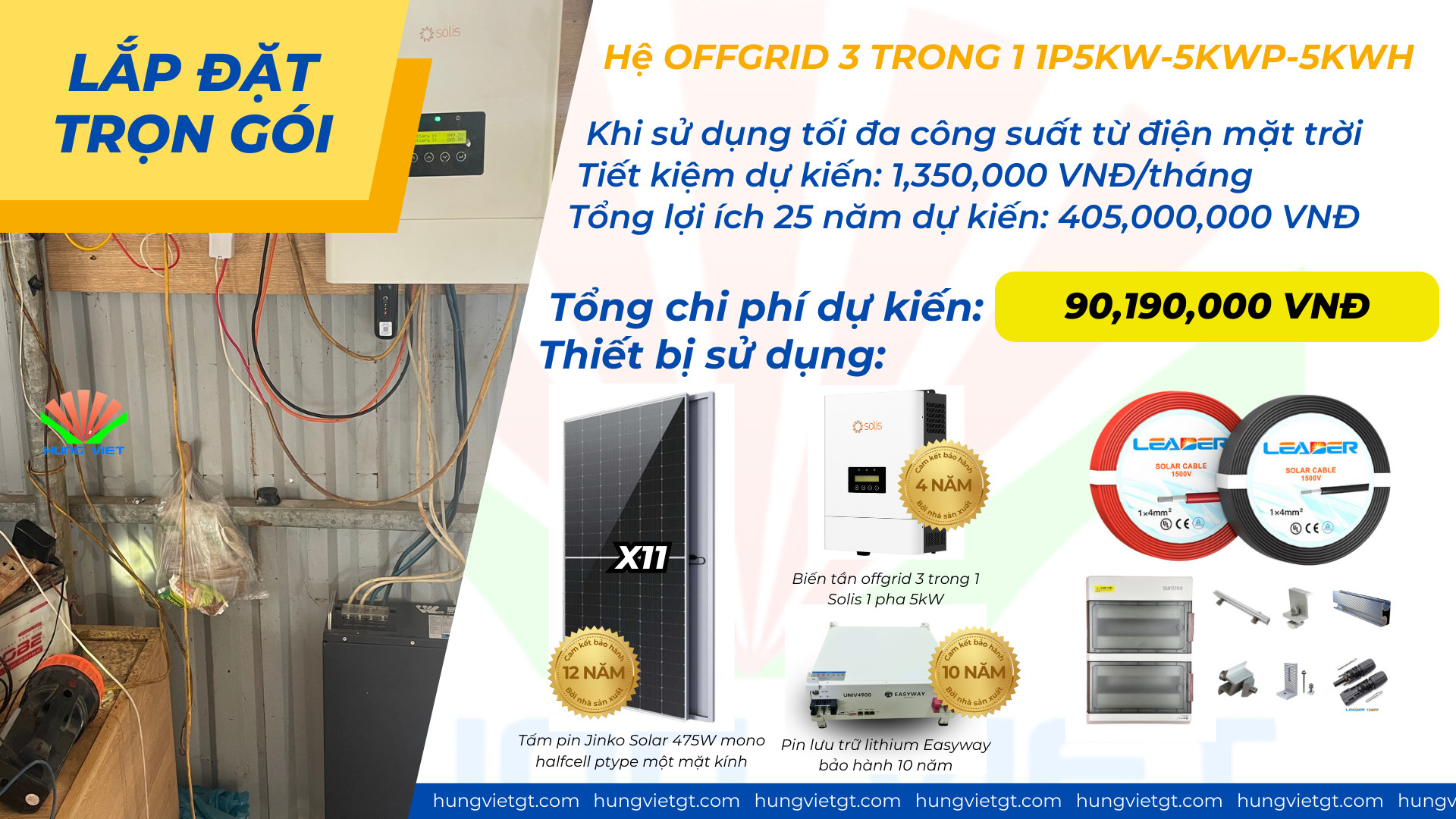 Combo lắp đặt trọn gói điện mặt trời Offgrid 1P 5Kw lưu trữ 5kwh