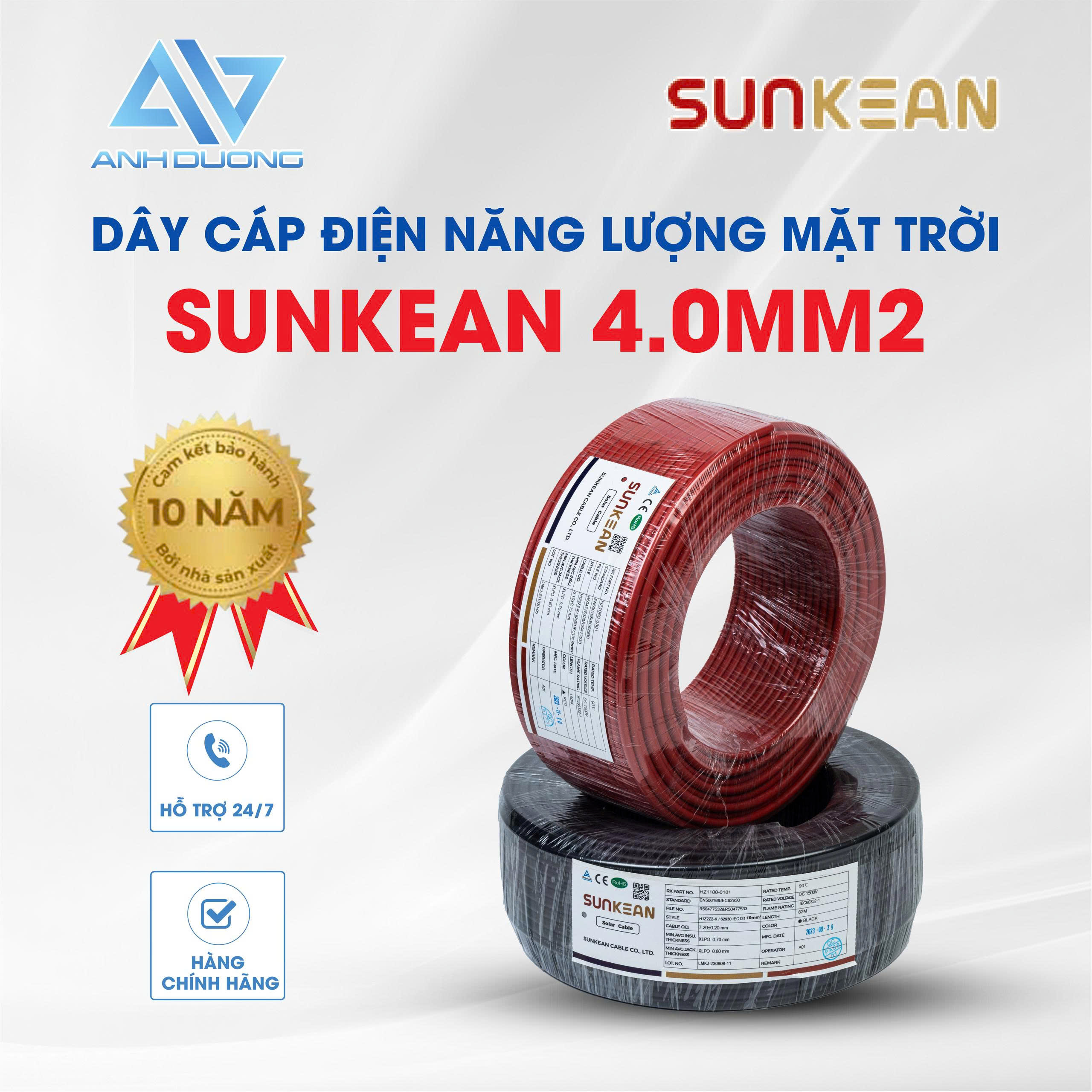 Dây cáp DC Solar Sunkean (4mm2) lõi đơn, ruột đồng, 62930 IEC131/H1Z2Z2-K