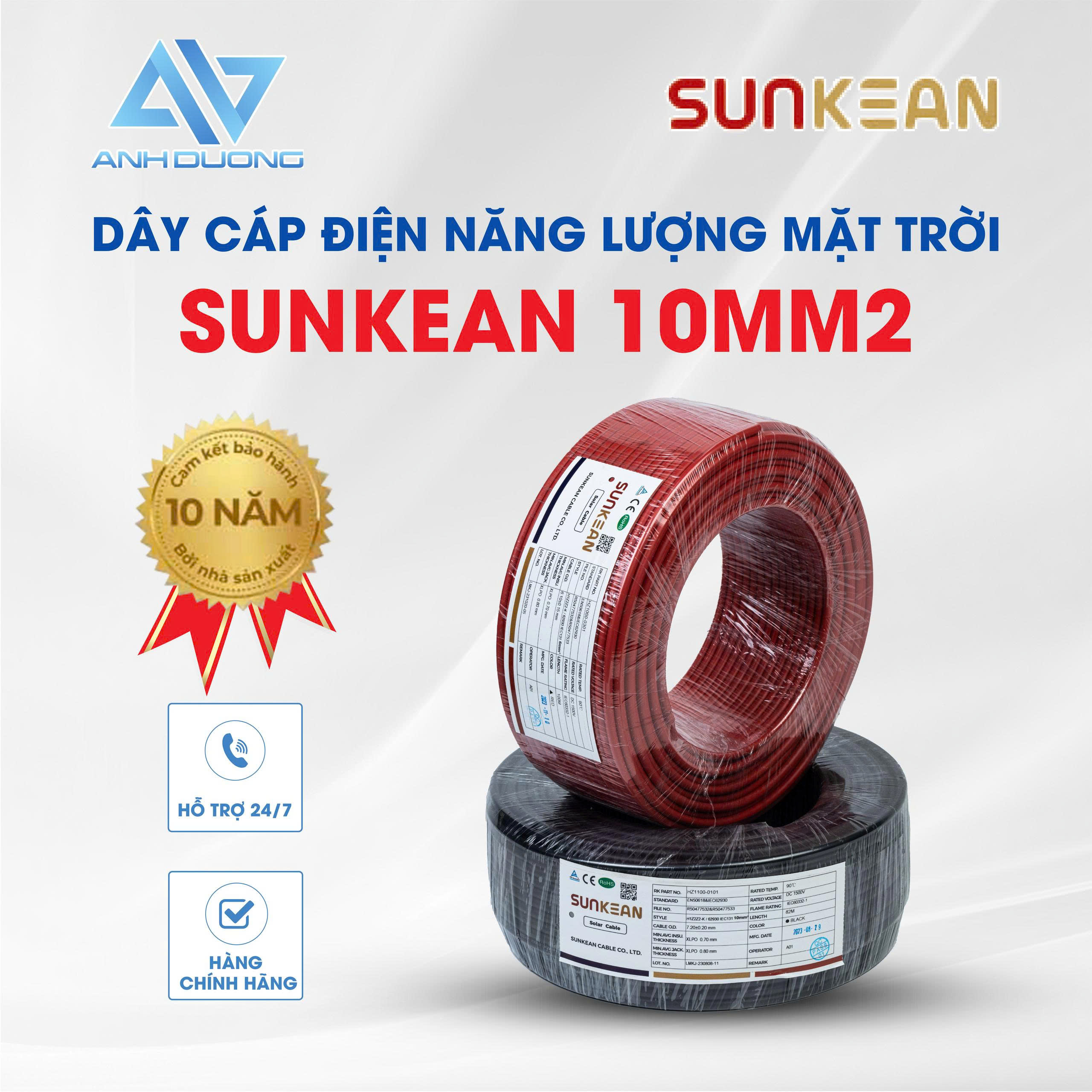 Dây cáp DC Solar Sunkean (10mm2) lõi đơn, ruột đồng, 62930 IEC131/H1Z2Z2-K